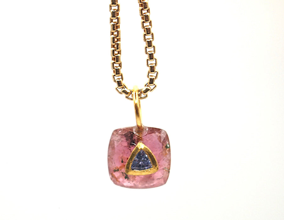 Pink Tourmaline Rose Cut Amulet with Tanzanite Inlay