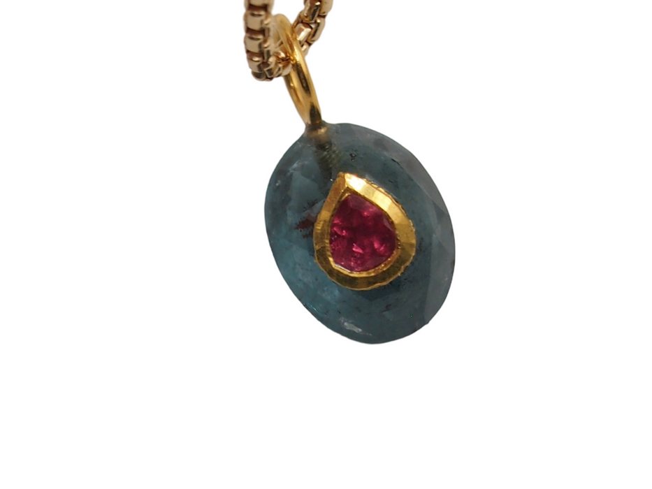 Blue Tourmaline Amulet with Pink Tourmaline Inlay
