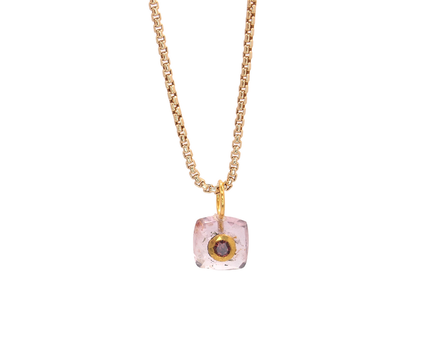Pink Tourmaline Cushion Cut Amulet with Rhodolite Inlay