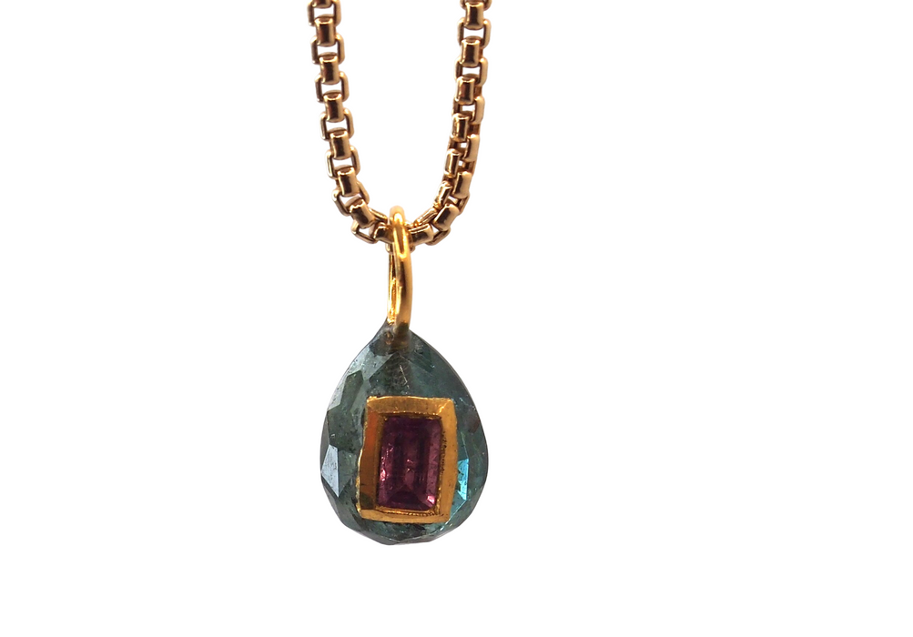 Green Tourmaline Amulet with Pink Tourmaline Inlay