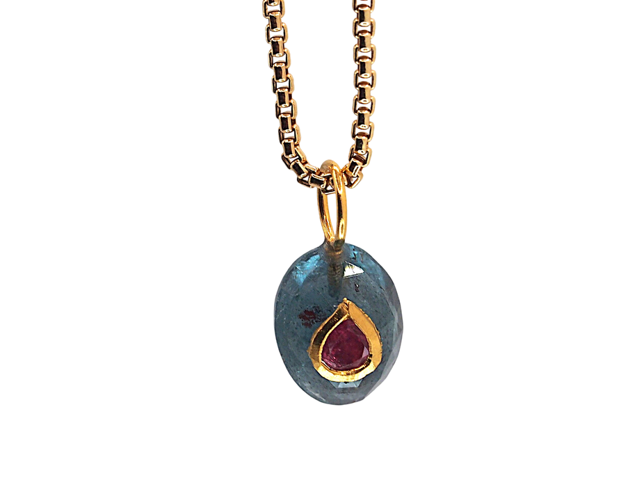 Blue Tourmaline Amulet with Pink Tourmaline Inlay