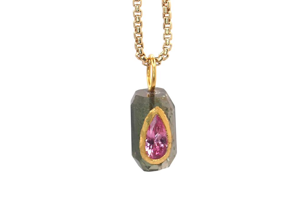 Green Tourmaline Rose Cut Amulet with Pink Tourmaline Inlay