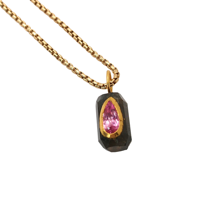 Green Tourmaline Rose Cut Amulet with Pink Tourmaline Inlay