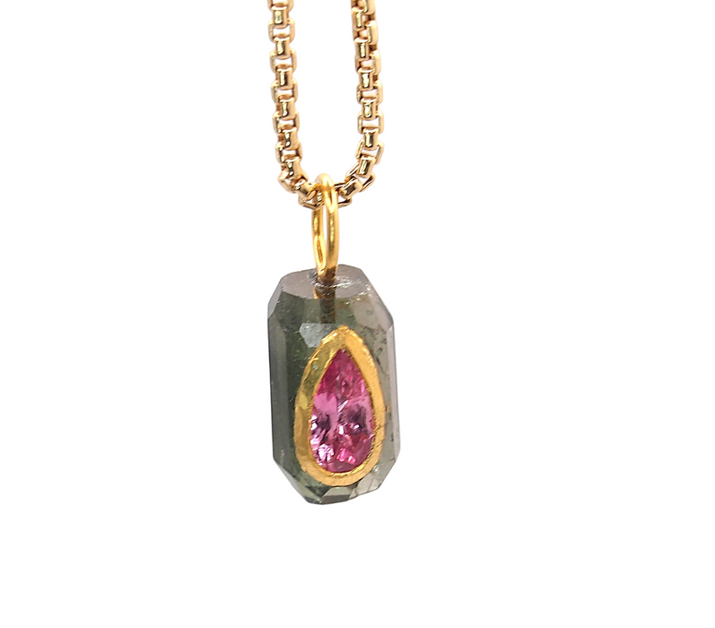 Green Tourmaline Rose Cut Amulet with Pink Tourmaline Inlay